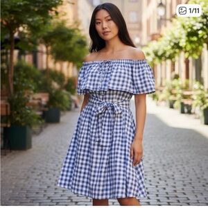 Anthropologie x 11 11 Tylho $138 Gingham Ruffle Off The Shoulder Kinsey M Dress